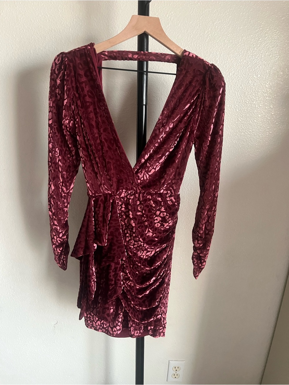 Luxxel Wine Red Velvet Wrap-Style Long Sleeve Dress